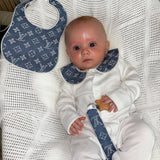 Boys denim Blue White Trim Louis Handmade Sleepsuit, Dummy Clip & Bib Set