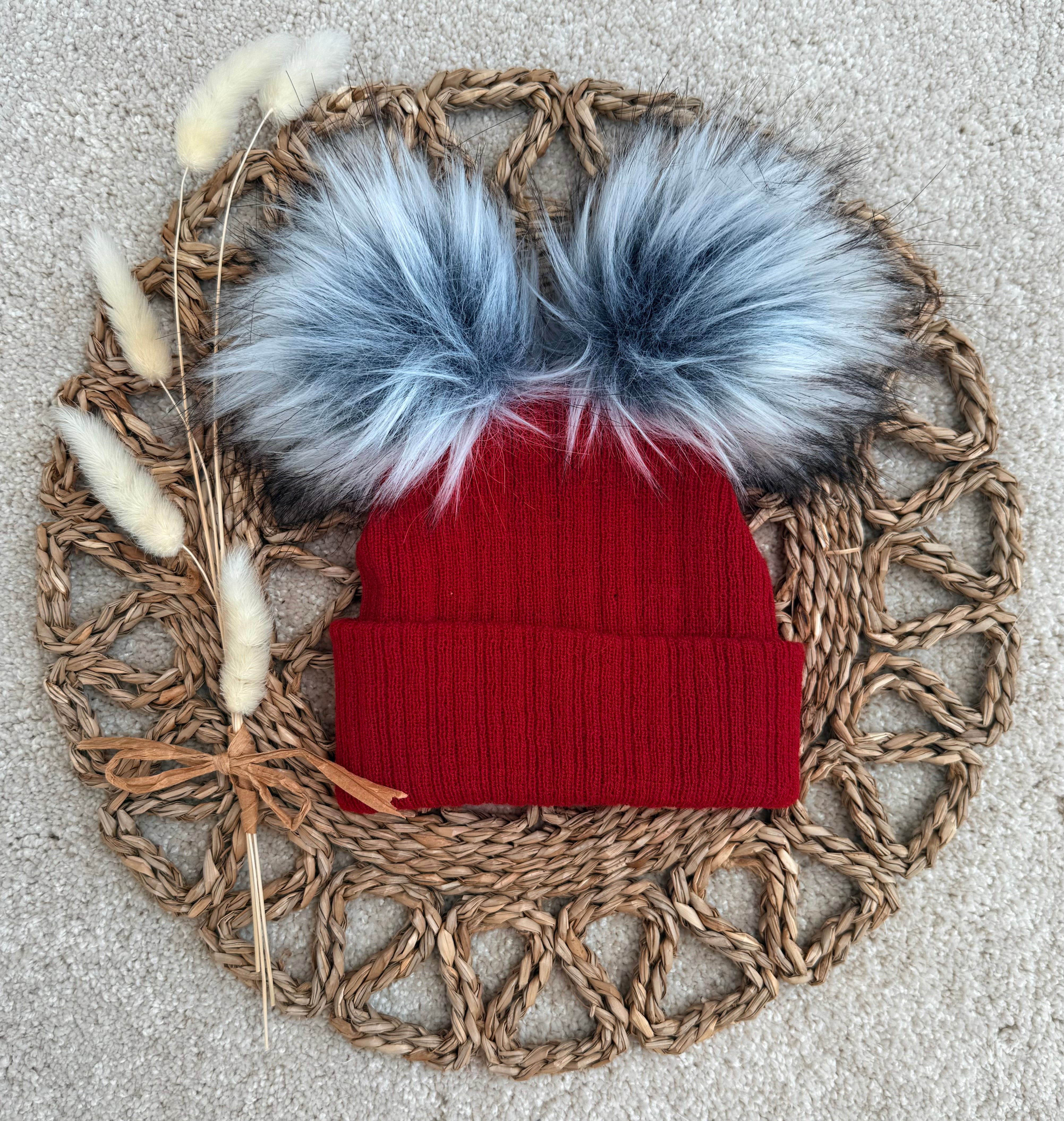 Double Raccoon Raccoon Fur Pom Pom Hat Baby Boys Double Pom Red