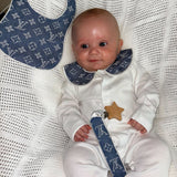 Boys denim Blue White Trim Louis Handmade Sleepsuit, Dummy Clip & Bib Set