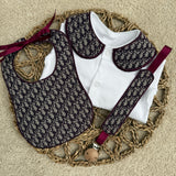Baby’s Jacquard Burgundy Handmade Sleepsuit, Bib & Dummy Clip Set