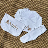 Babys Beige Cotton Personalised 3 Piece Outfit