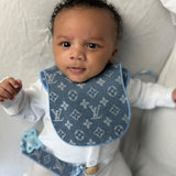Boys denim Blue Trim Louis Handmade Sleepsuit, Dummy Clip & Bib Set