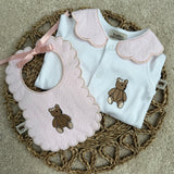 Baby Girls Pink Bear Handmade Sleepsuit & Bib