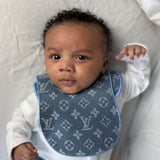 Boys denim Blue Trim Louis Handmade Sleepsuit, Dummy Clip & Bib Set