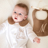 Boys Brown Bear Handmade Sleepsuit & Bib Set