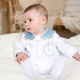 Boys Satin Crest Handmade Sleepsuit & Bib Set