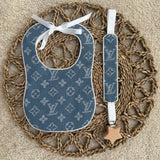 Baby's Handmade inspired White LV Bib & Dummy Clip Set
