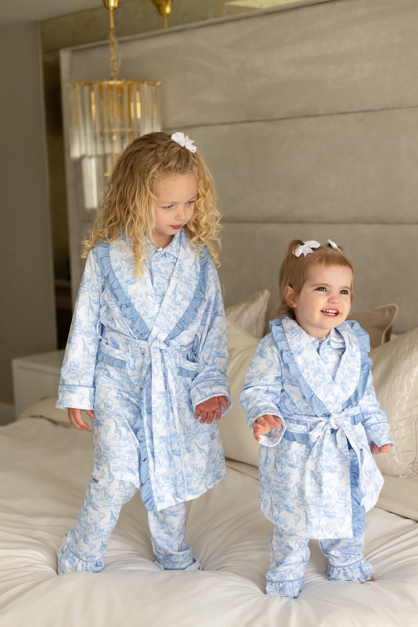 Luxury Blue Safari Toile Baby Girls Dressing Gown with Frill Trim – So – Perfect Little Thing