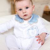 Boys Satin Crest Handmade Sleepsuit & Bib Set