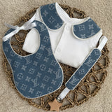 Boys Dark Denim Blue Louis Handmade Sleepsuit, Dummy Clip & Bib Set