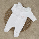 Baby Girls White Sleepsuit with Lace Frill
