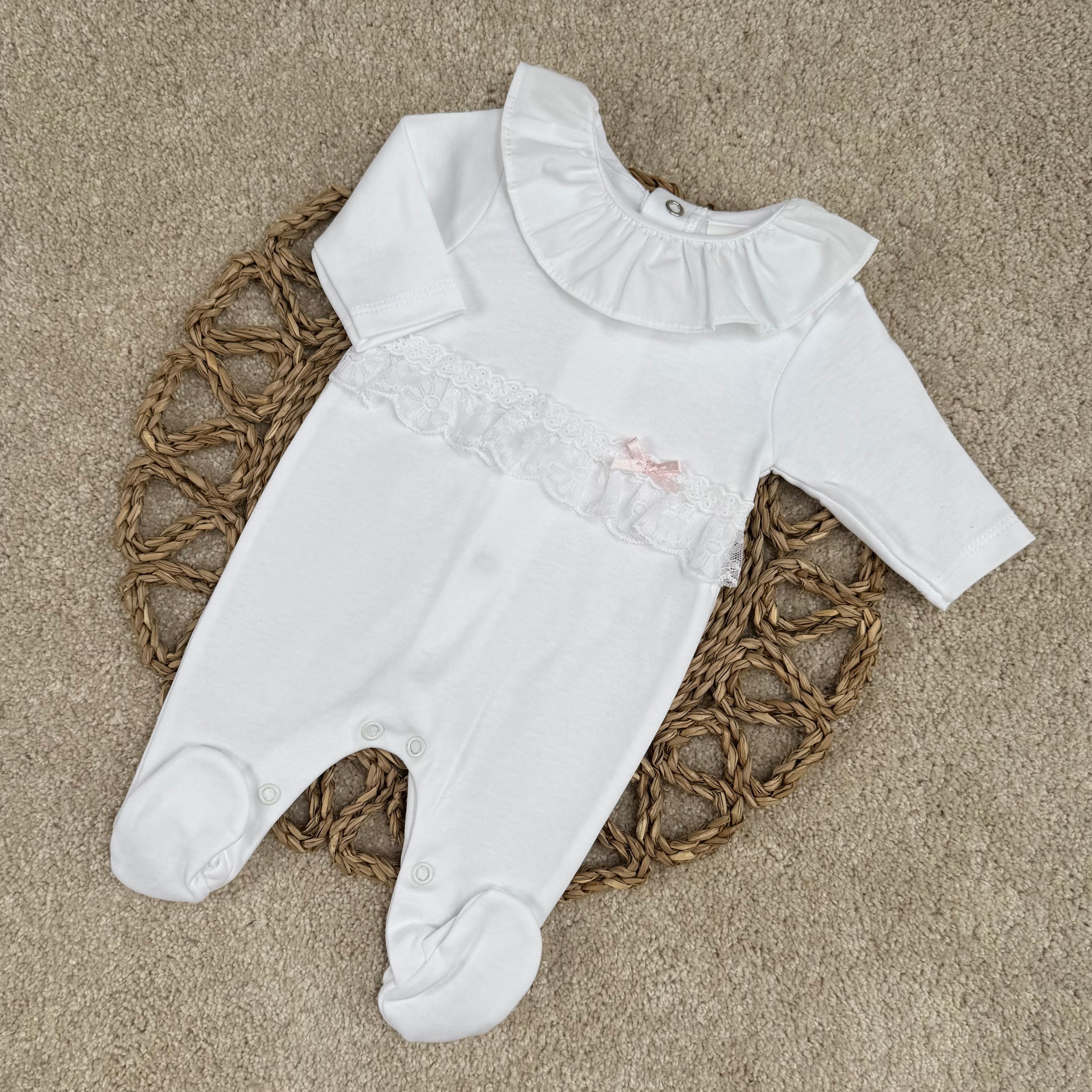 Baby Girls White Sleepsuit with Lace Frill – Perfect Little Thing