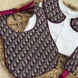 Baby’s Jacquard Burgundy Handmade Sleepsuit, Bib & Dummy Clip Set