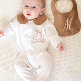 Boys Brown Bear Handmade Sleepsuit & Bib Set