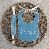 Baby's Handmade Jade Blue Velvet Bib & Dummy Clip Set