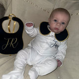 Boys Navy and Gold Handmade Sleepsuit And Bib