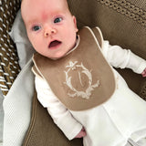 Boy's Beige Crest Handmade Sleepsuit And Bib