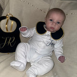Boys Navy and Gold Handmade Sleepsuit And Bib