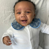 Boys denim Blue Trim Louis Handmade Sleepsuit, Dummy Clip & Bib Set