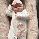 Baby Girls White and Pink Flower Baby Grow With Hat