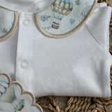 Boys Blue Hot Air Balloon Handmade Sleepsuit & Bib Set