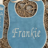 Baby's Handmade Jade Blue Velvet Bib & Dummy Clip Set