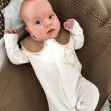 Boy's Beige Crest Handmade Sleepsuit And Bib