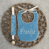 Baby's Handmade Jade Blue Velvet Bib & Dummy Clip Set