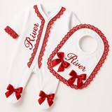 Perfect Little Thing Baby Girls Handmade Frill Sleepsuit With Bib - Red