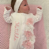Baby Girls White and Pink Flower Baby Grow With Hat