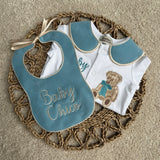 Boys Jade Blue Bear Handmade Sleepsuit And Bib