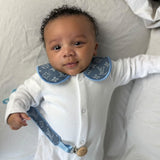 Boys denim Blue Trim Louis Handmade Sleepsuit, Dummy Clip & Bib Set