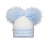 White & Blue Stripe Double Pom Hat