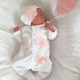 Baby Girls White and Pink Flower Baby Grow With Hat