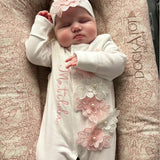 Baby Girls White and Pink Flower Baby Grow With Hat