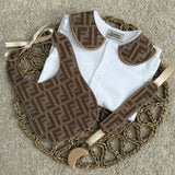 Baby’s Unisex FF Brown inspired Handmade Sleepsuit, Bib & Dummy Clip Set