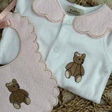 Baby Girls Pink Bear Handmade Sleepsuit & Bib