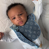 Boys denim Blue Trim Louis Handmade Sleepsuit, Dummy Clip & Bib Set