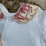 Baby Girls cream & Red Vintage Handmade Sleepsuit & Bib