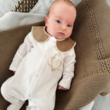 Boy's Beige Crest Handmade Sleepsuit And Bib