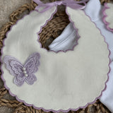 Girls White & Lilac Butterfly Handmade Sleepsuit And Bib
