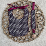 Baby's Jacquard Burgundy Dior Bib & Dummy Clip Set