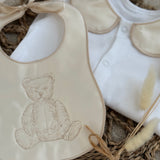 Boys Ivory Bear Handmade Sleepsuit And Bib