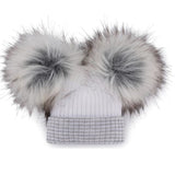 White & Grey Stripe Double Pom Hat