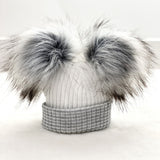 White & Grey Stripe Double Pom Hat