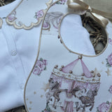 Perfect Little Thing Girls Beige Carousel Handmade Sleepsuit And Bib