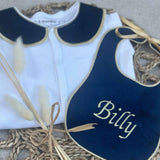Boys Navy and Gold Handmade Sleepsuit And Bib