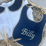 Boys Navy and Gold Handmade Sleepsuit And Bib