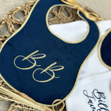 Boys Navy and Gold Handmade Sleepsuit And Bib