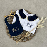 Boys Navy and Gold Handmade Sleepsuit And Bib
